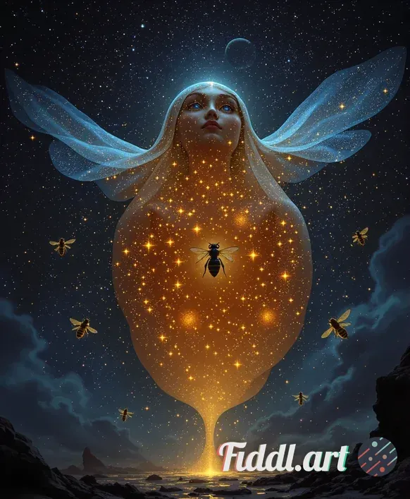 A hyper-detailed, intricate, celestial beehive elegantly floating amidst the vastness of space, surr