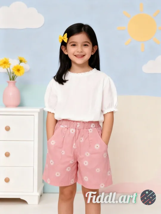 A cheerful indoor scene featuring a full figure of 6-7 years old child standing in a photo studio wi