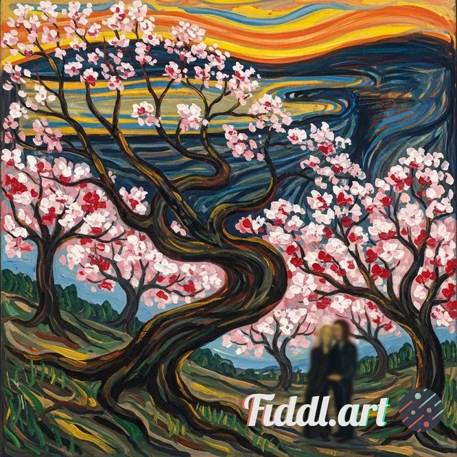 Create a picture of blooming cherry blossoms in the style of Edvard Munch.