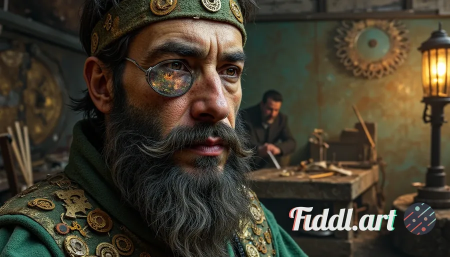 A hyper-detailed portrait of a male clockmaker with a steampunk twist, his skin is textured like rus