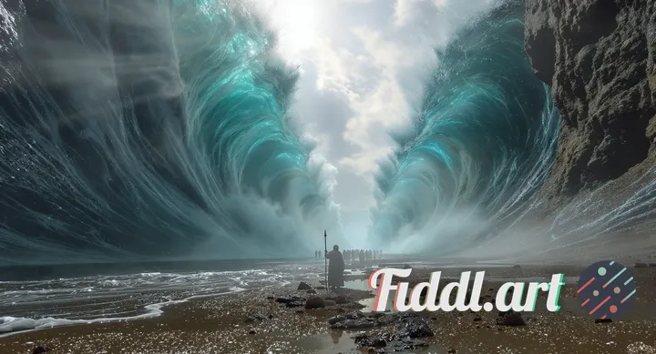 
A hyper-realistic cinematic shot of the Red Sea parting into two colossal walls of water. The camer