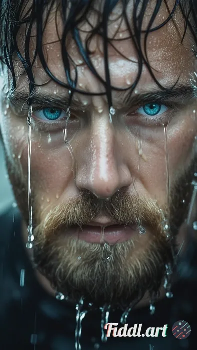 A hyper-realistic, cinematic close-up portrait of a man with piercing blue eyes, his face covered in