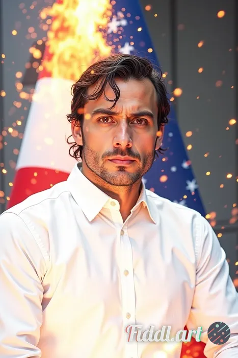 A hyper-realistic cinematic portrait of a fierce, wet-haired man standing in the heart of a dramatic