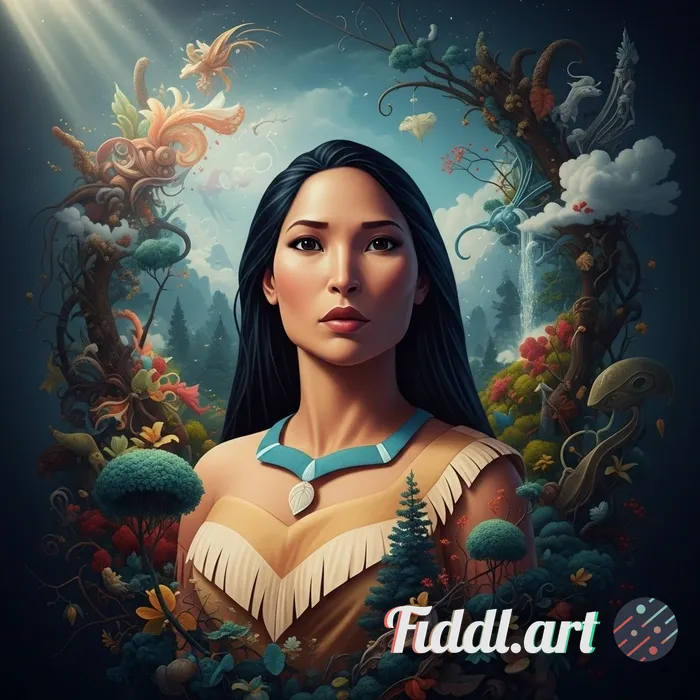 Pocahontas, Cinematic quality, hyper-realistic rendering, rich textures, and high-definition detail.