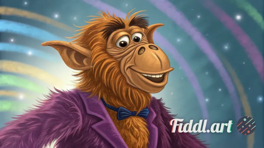 A cartoonish psychedelic illustration of an alien resembling ALF. He is not a monkey. His body is sh