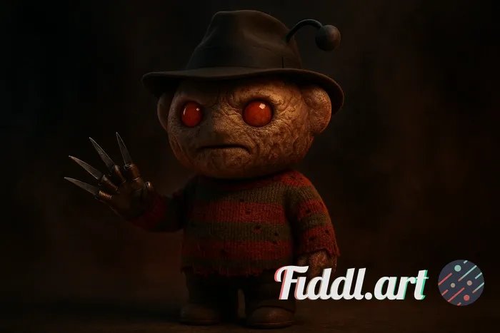 A hyper-realistic 3D render of a small white cartoon mascot styled as Freddy Krueger from A Nightmar