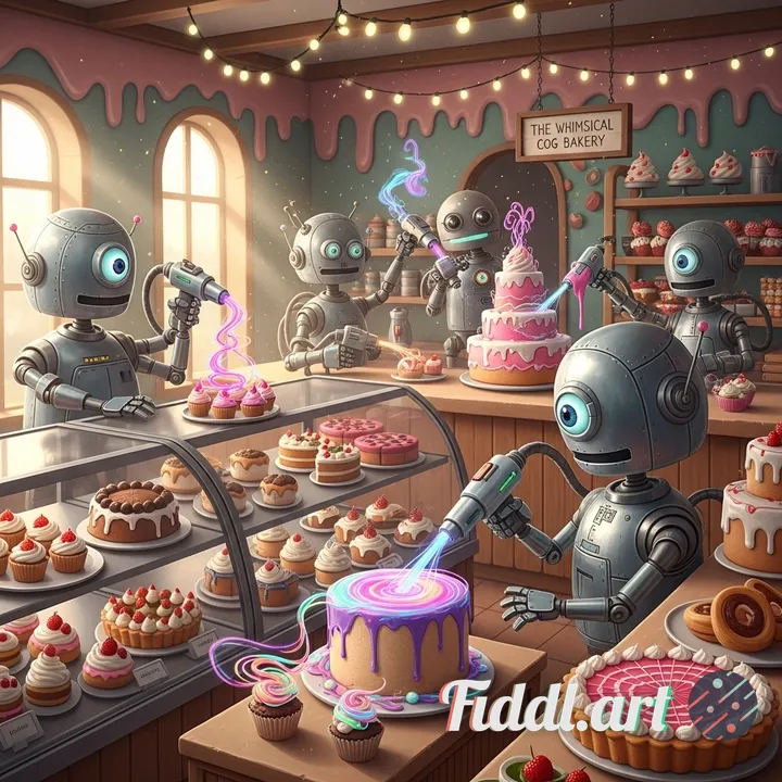 Whimsical bakery run by robots icing pastries with rainbow plasma