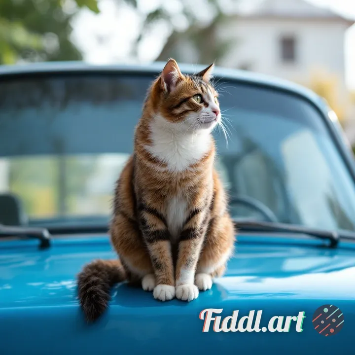 a cat sitting on a blue car
