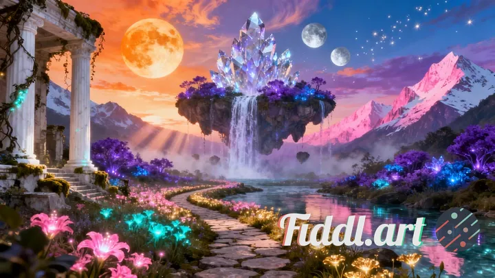 A breathtaking fantasy landscape at golden hour, featuring a massive crystalline waterfall cascading