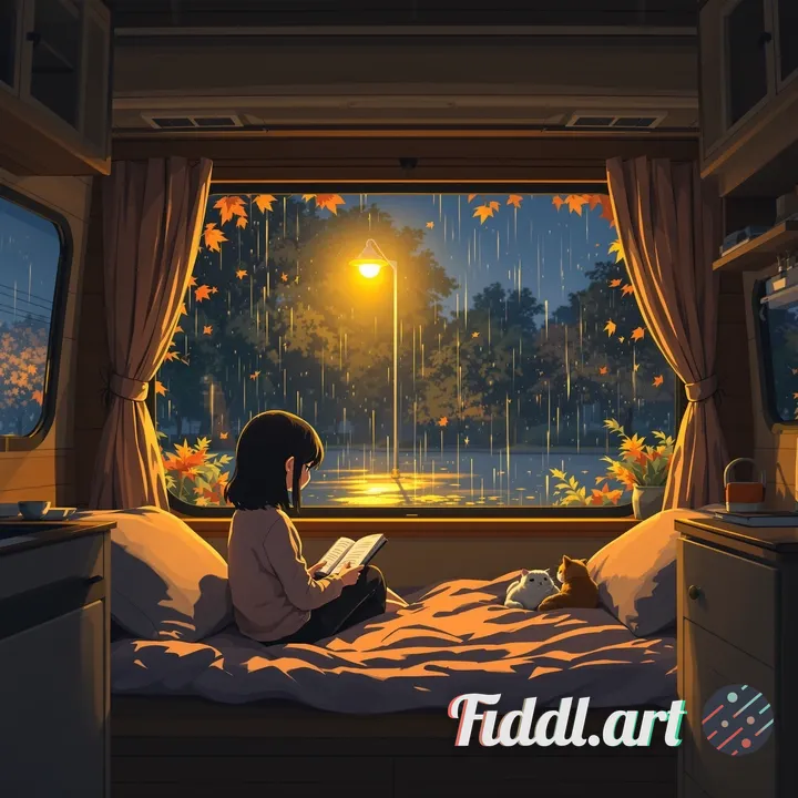 a cinematic anime scene inside a small camper van during a gentle evening rain, warm yellow interior