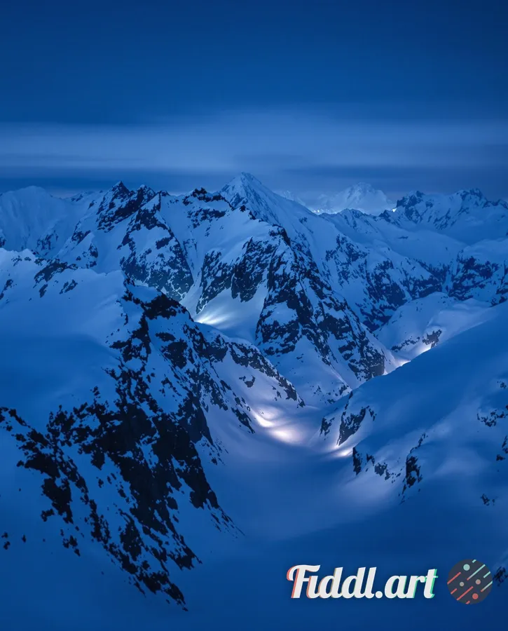 Media Index 0 | A close shot of snow-covered Alaskan mountains, illuminated by the faint light of a headlamp.