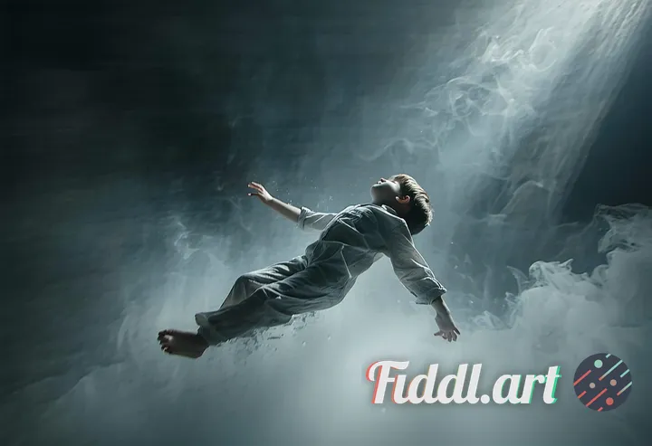 A young boy falling backwards through deep gray dreamspace, limbs floating upward as if submerged in