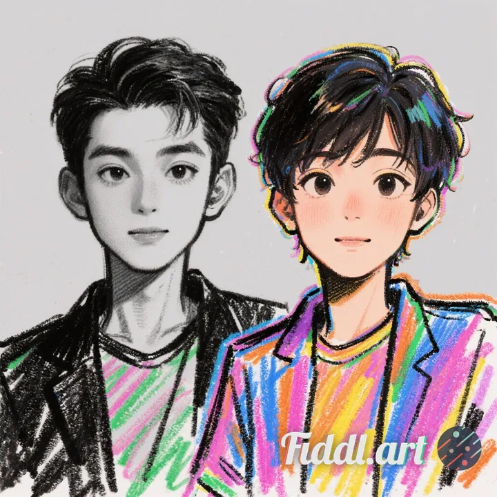 using the input image as a basis, color in the two characters using a more crayonlike/noisy texture.