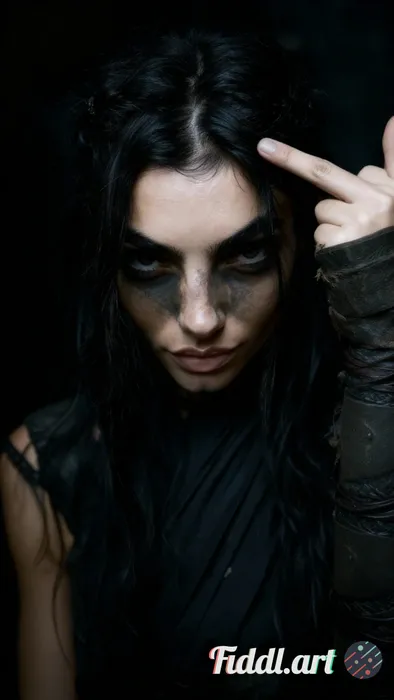 Make her fingers against her head like gun fingers pose, dark lighting,