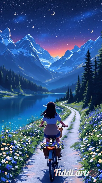 breathtakingly beautiful scene from a first-person perspective the girl rides a bicycle with her han