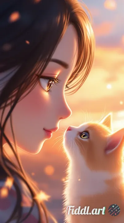 A soft and emotional anime illustration of a girl and a cat gently touching noses, very close-up com
