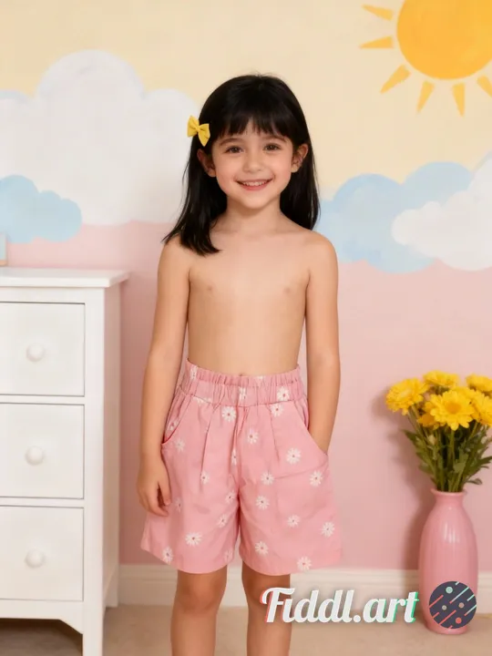 A cheerful indoor scene featuring a full figure of 6-7 years old child standing in a photo studio wi