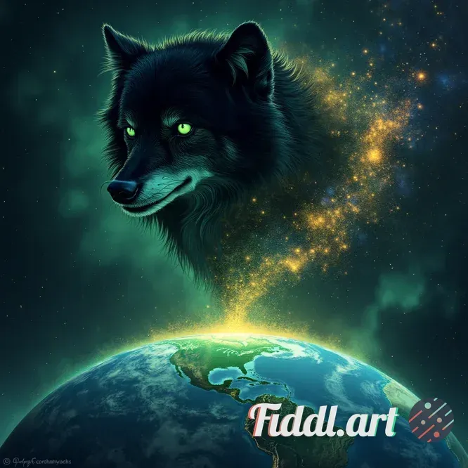 From the vantage of deep space, behold a colossal black wolf’s head emerging from swirling nebulae a