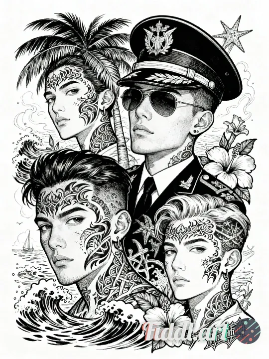 faces and flowers, by Ed Roth, behance contest winner, lowbrow, tattoo sketch of a ocean, with japan