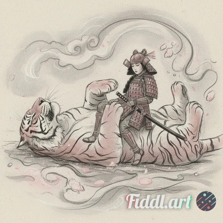 charcoal stijl een prachtige roze met wit en grijze tijger op zijn rug een mooie vrouwelijke samorai