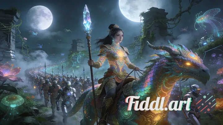 An ancient warrior princess with intricate glowing tattoos and ornate armor, wielding a crystalline 