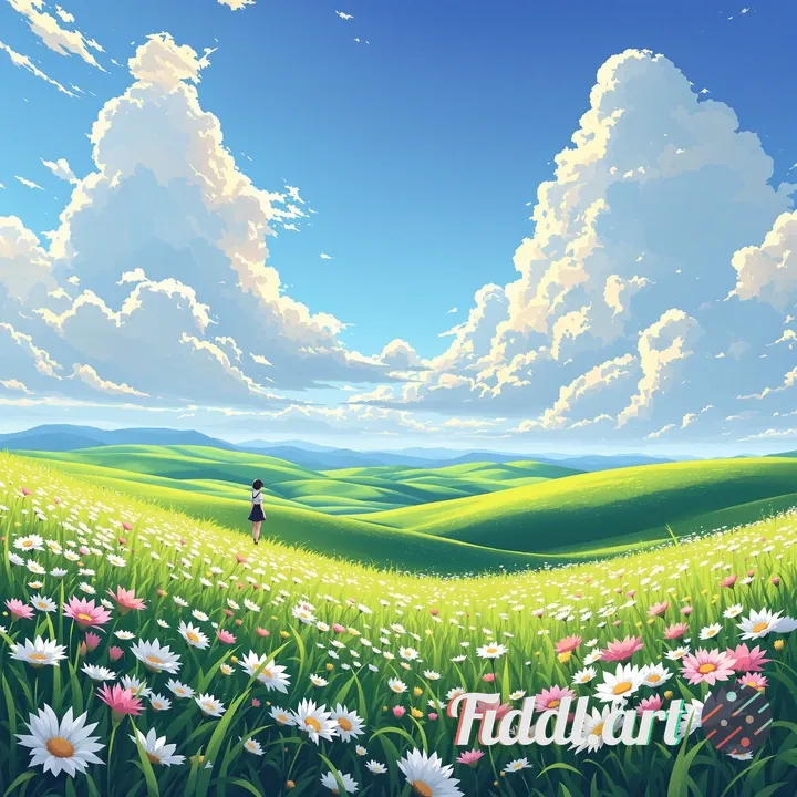 vibrant anime scenery, wide open sunny meadow, fluffy Ghibli-style clouds, rolling green hills, gent