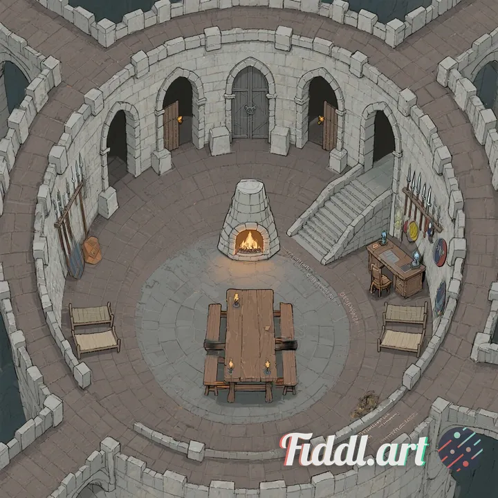 Create a top-down blueprint image of a circular fantasy tower floor based on the following requireme