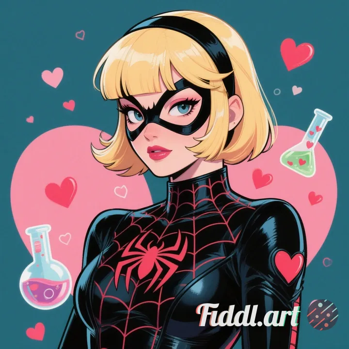 illustration for a mock up design for a spider themed superhero female character with blonde hair wi