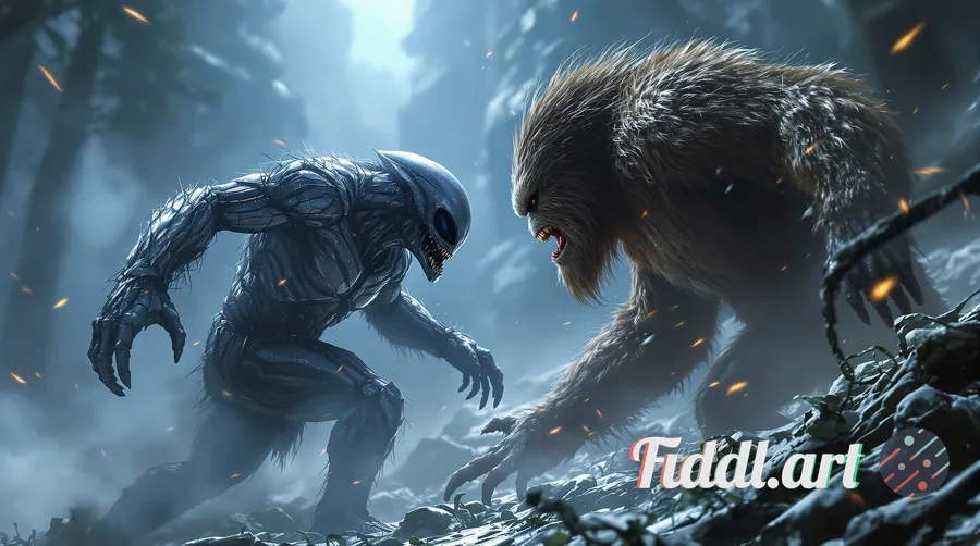 Media Index 0 | ultimate mortal kombat between Sasquatch and a grey alien, cinematic, epic