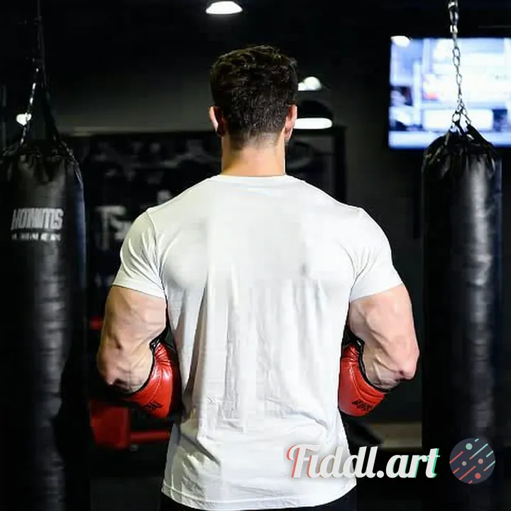 Put this t shirt on a mockup. I want the person to be standing in a boxing gym wearing boxing gloves