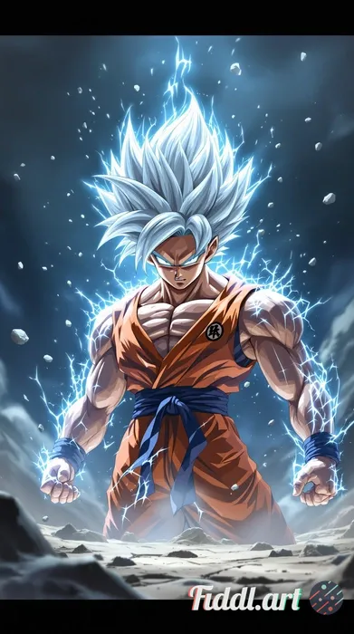 Media Index 0 | A hyper-realistic anime style artwork of Goku from Dragon Ball Super in Ultra Instinct form, drawn i