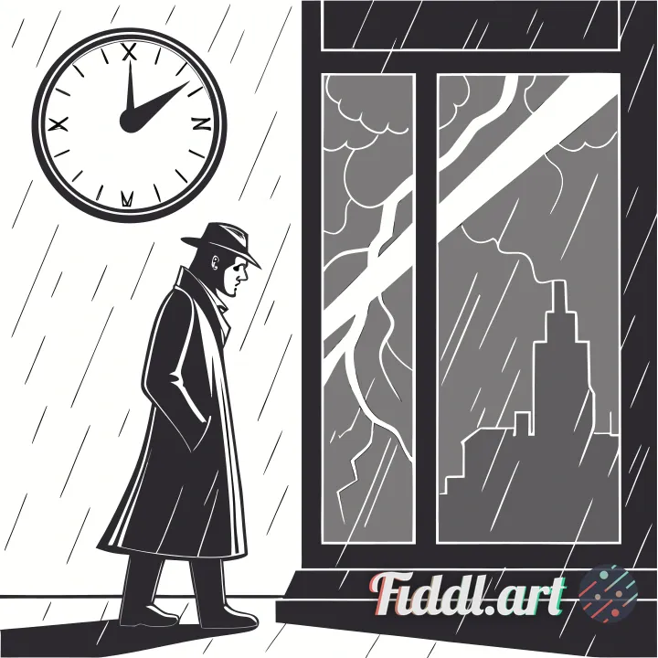 Film-noir chiaroscuro oil painting: solitary protagonist split silhouette before a cracked mirror, s