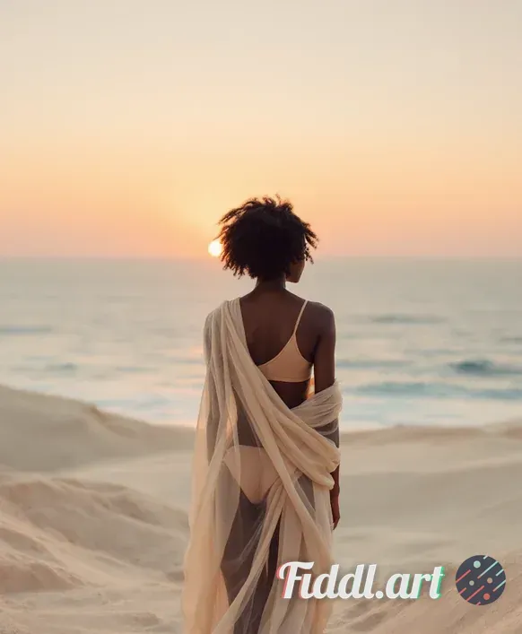 Media Index 0 | Close up shot of a black female model standing on a textured, sandy landscape, gazing towards a calm