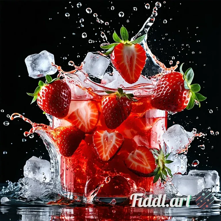 Ultra-realistic photorealistic advertising image of a strawberry-flavored liquid explosion bursting 