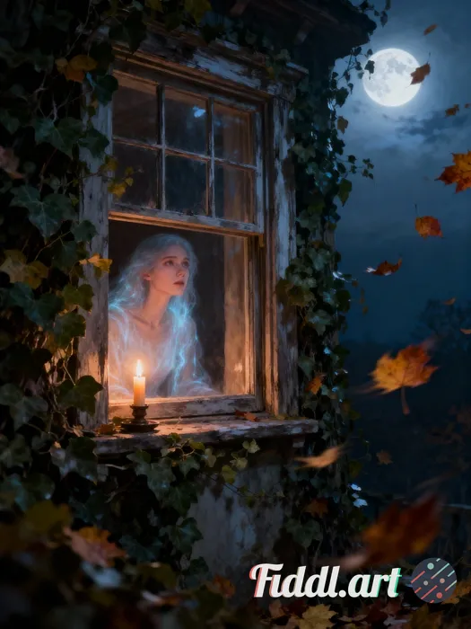 Digital painting of a gentle spectral figure gazing out from an ivy-covered old window, candlelight 