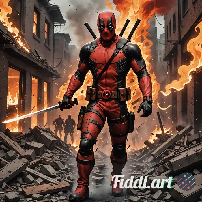 Deadpool from Marvel Comics confidently walking through a dense, smoke-filled environment, his signa