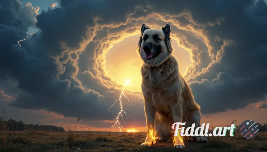 An ultra-realistic depiction of a majestic dog standing confidently in the center of a swirling vort