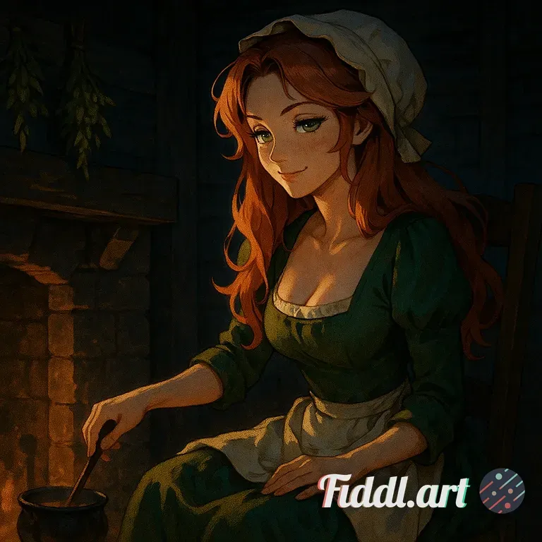 Stylized digital painting, realistic, anime style, showing a woman with flowing red hair in a coloni
