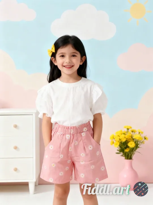 A cheerful indoor scene featuring a full figure of 6-7 years old child standing in a photo studio wi