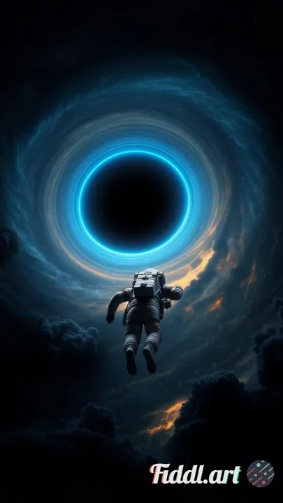 The astronaut is captured from behind, body angled downward as if diving through space toward a lumi