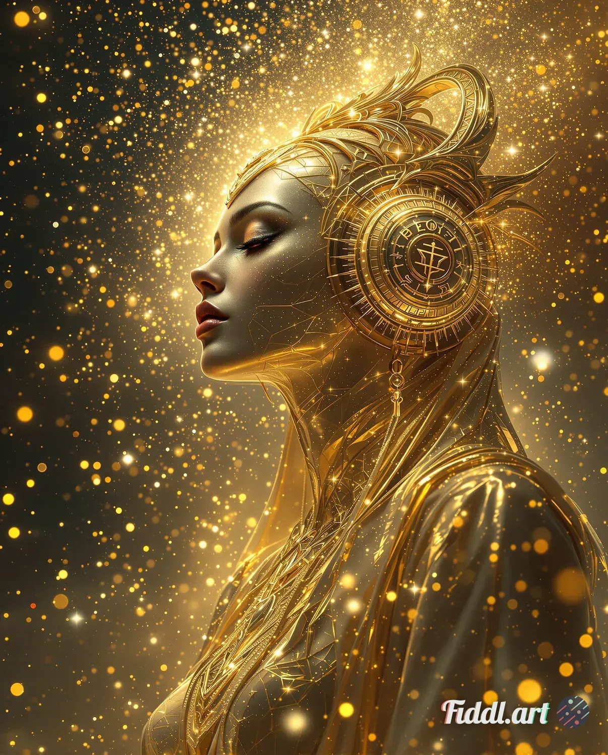 Media Index 0 | A radiant, divine figure, adorned in elaborate gold headphones encrusted with celestial symbols, sur