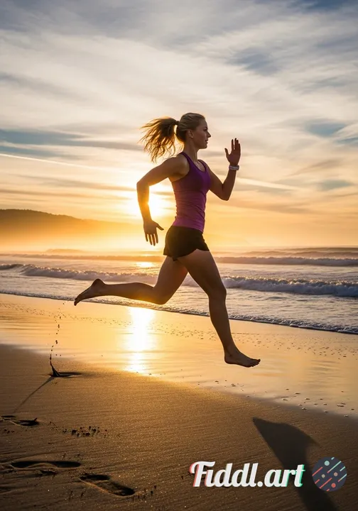 A blond woman running at the beach