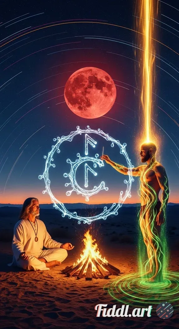 A visionary psychedelic scene unfolds on a desert-like mountaintop beneath a glowing full moon that 