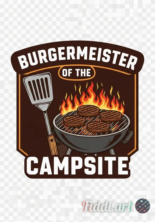 A bold, masculine badge-style t-shirt design featuring the text 'Burgermeister of the Campsite' in a