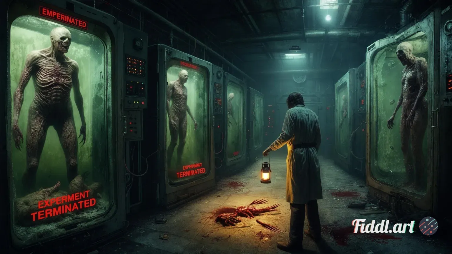 A long-abandoned vault, its steel doors pried open, walls coated in mold and grime. The vault interi