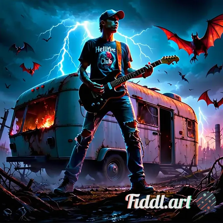 A movie poster featuring a heroic figure from the photo, standing atop a wrecked trailer and playing