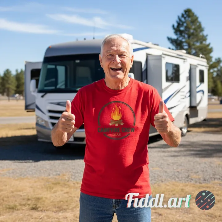 photo of an elderly man in a red t shirt and blue jeans with an rv in the background. he is facing t