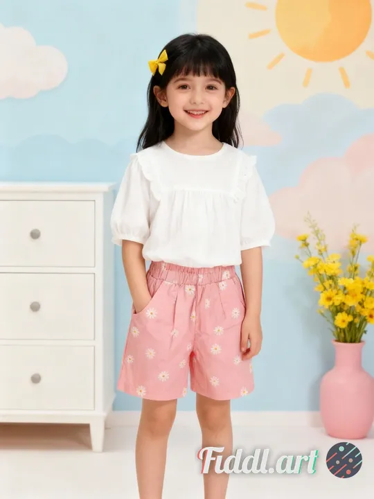 A cheerful indoor scene featuring a full figure of 6-7 years old child standing in a photo studio wi