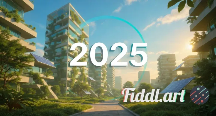 futuristic solarpunk optimistic composition, clean modern aesthetic, centered bold title '2025' in s