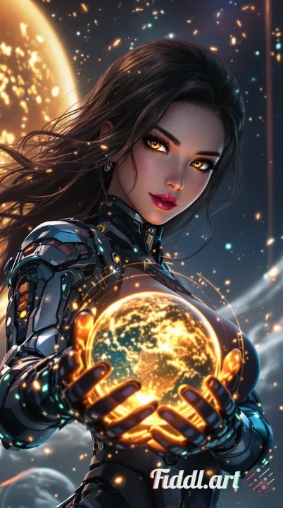 A stunning cinematic 8K ultra-detailed illustration of a beautiful and powerful female space bounty 